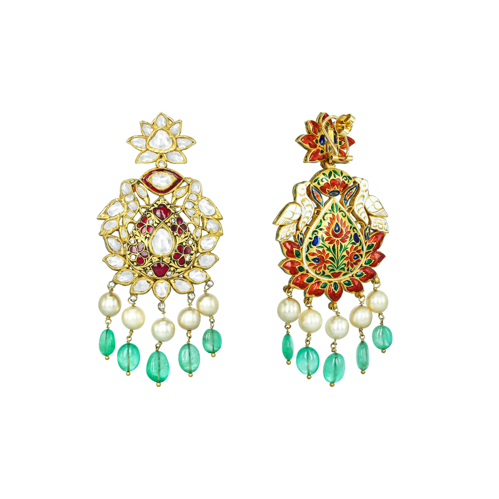 Polki Necklace Set with Red Stones, Emerald Beads, and Pearls